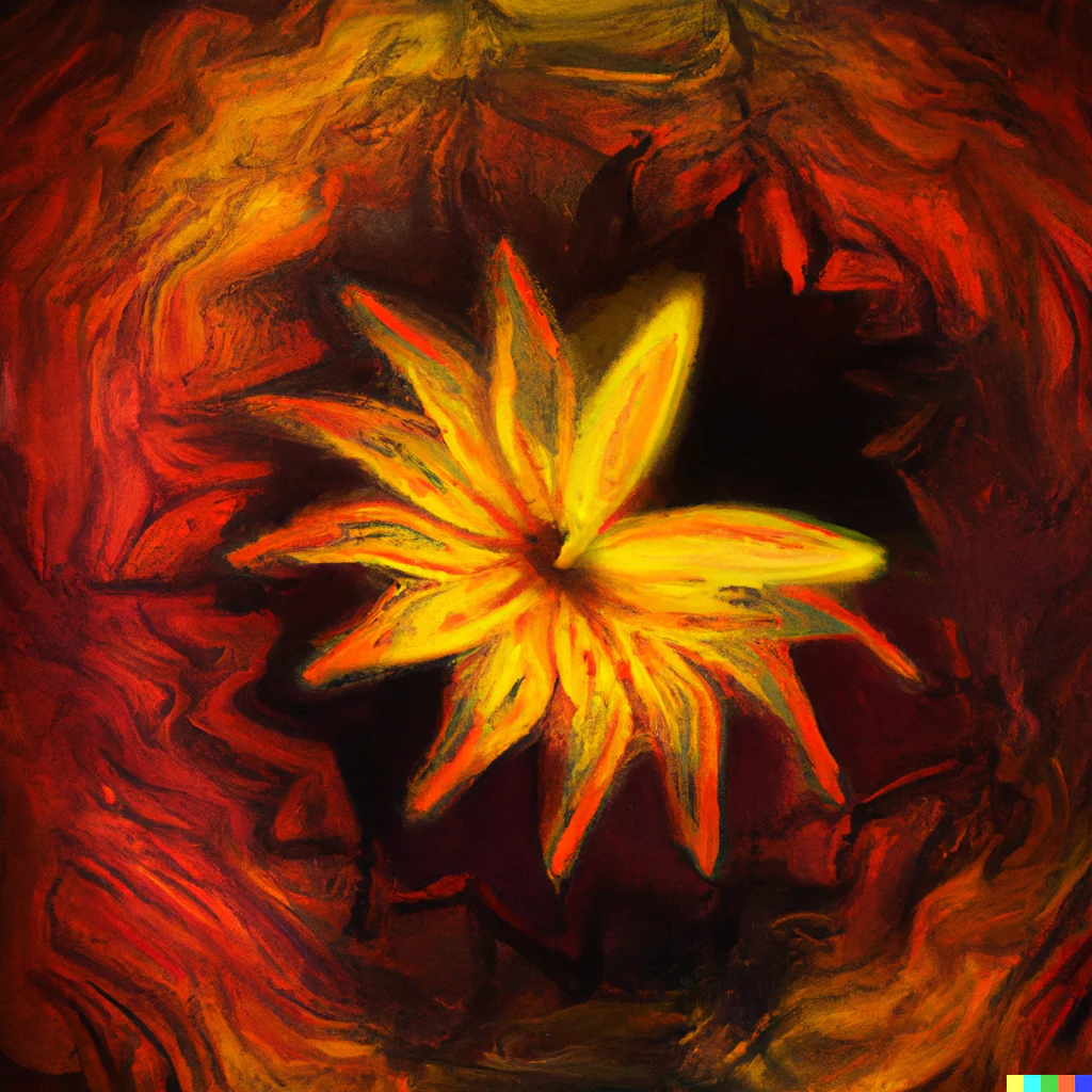 Abstract painting of a glowing yellow flower on a red background