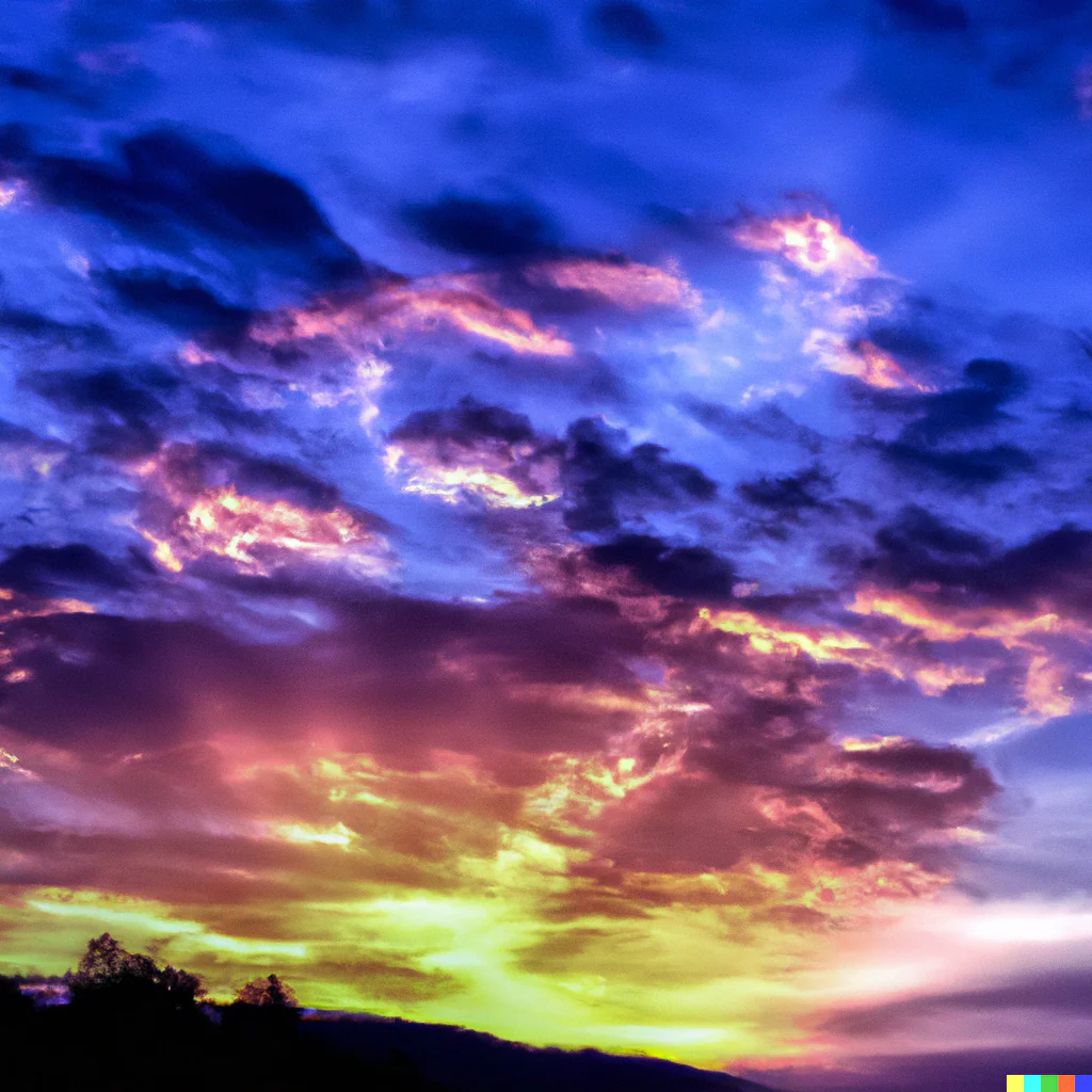 Dramatic purple and gold sunset sky over a dark treeline