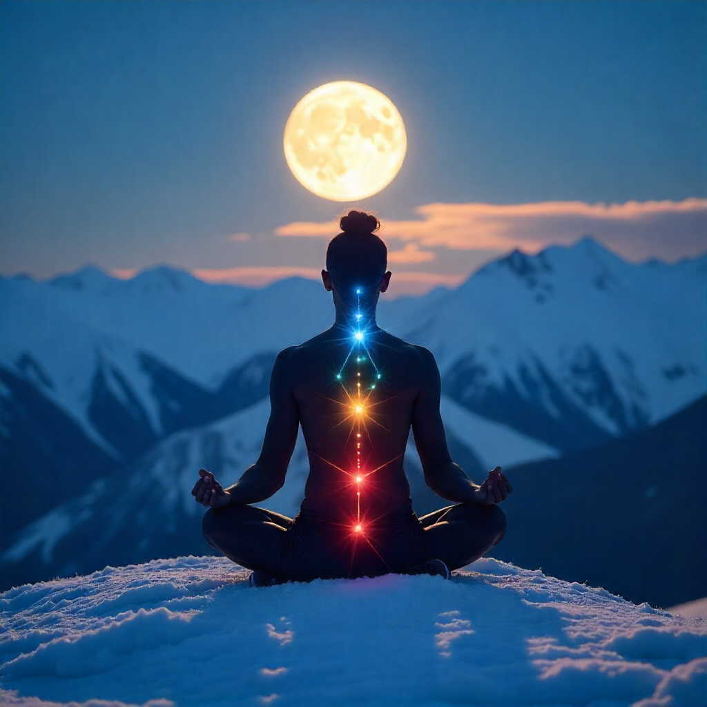 Silhouette of a person meditating on a snowy peak under a full moon