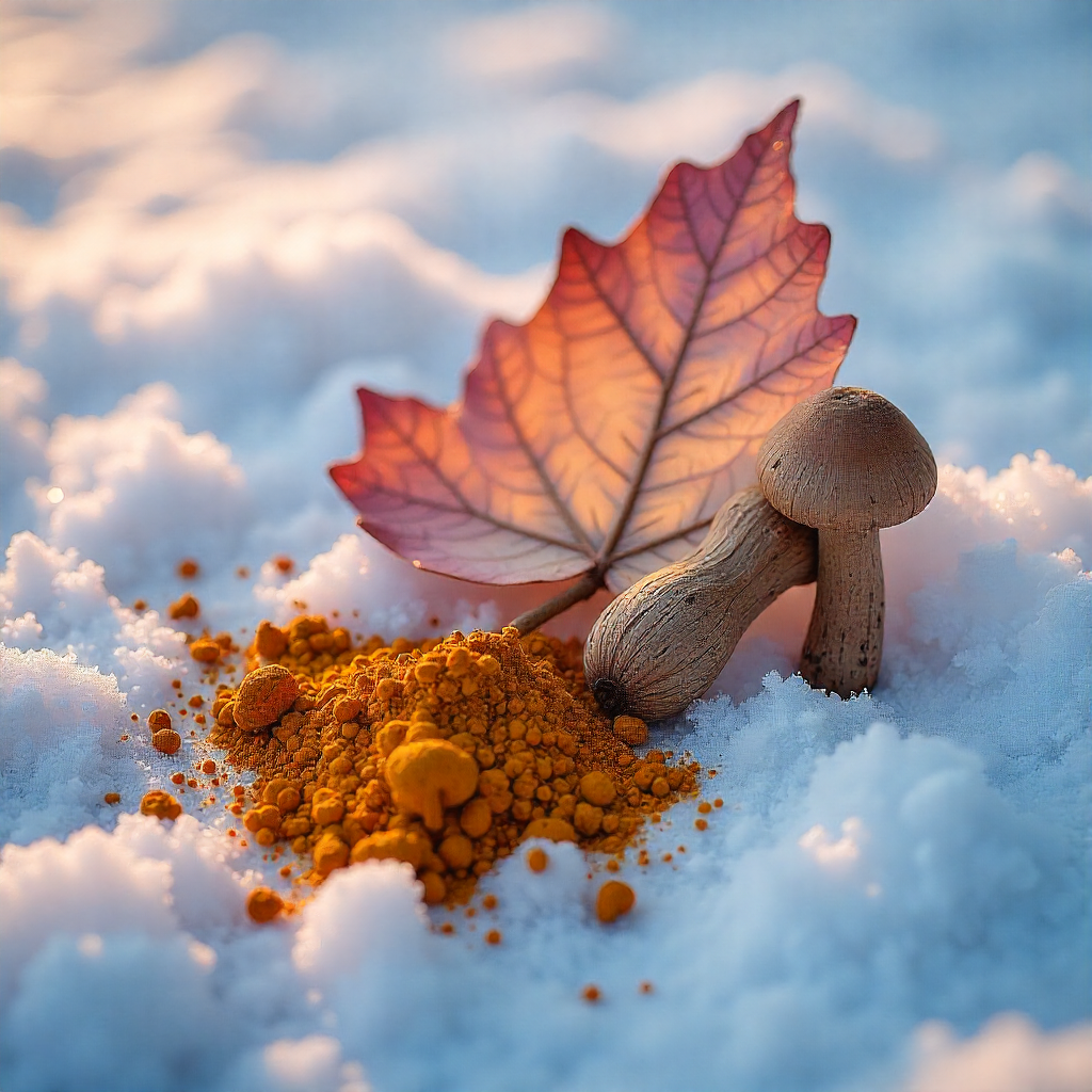 Autumn leaf, mushroom and orange spice powder resting on snow