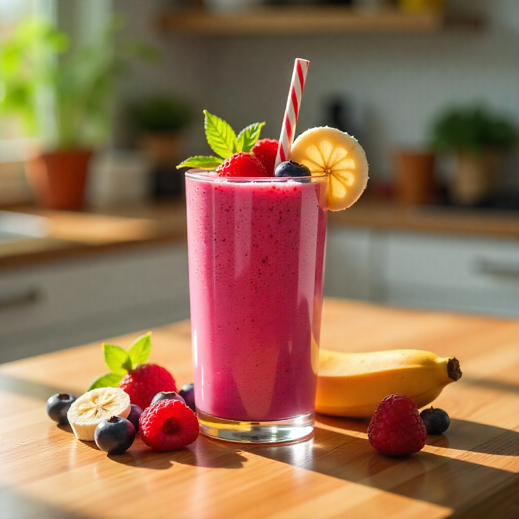 Berry smoothie in a glass with banana and raspberries on a kitchen counter