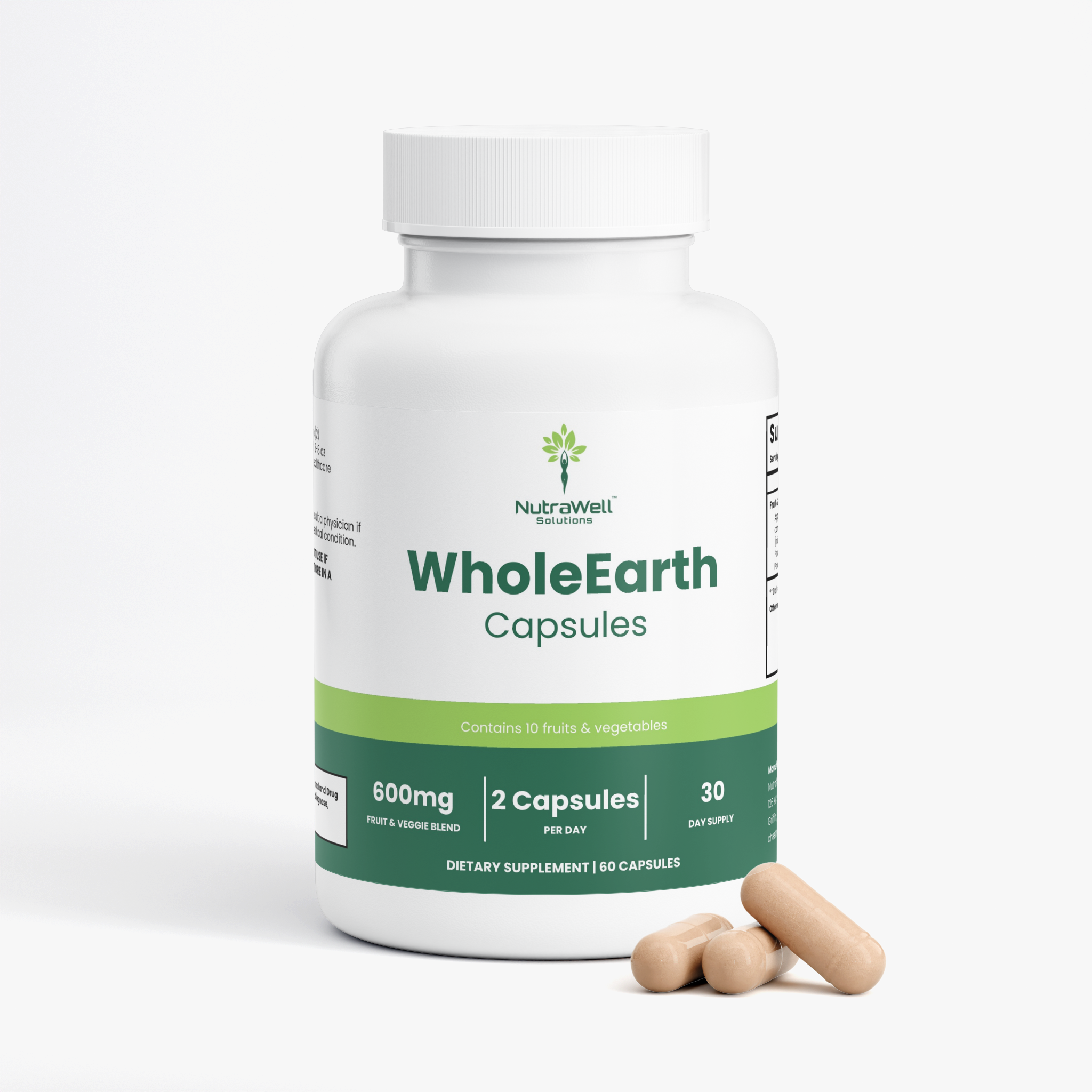 Fruits and Veggies Supplement Facts showing a 600 mg blend