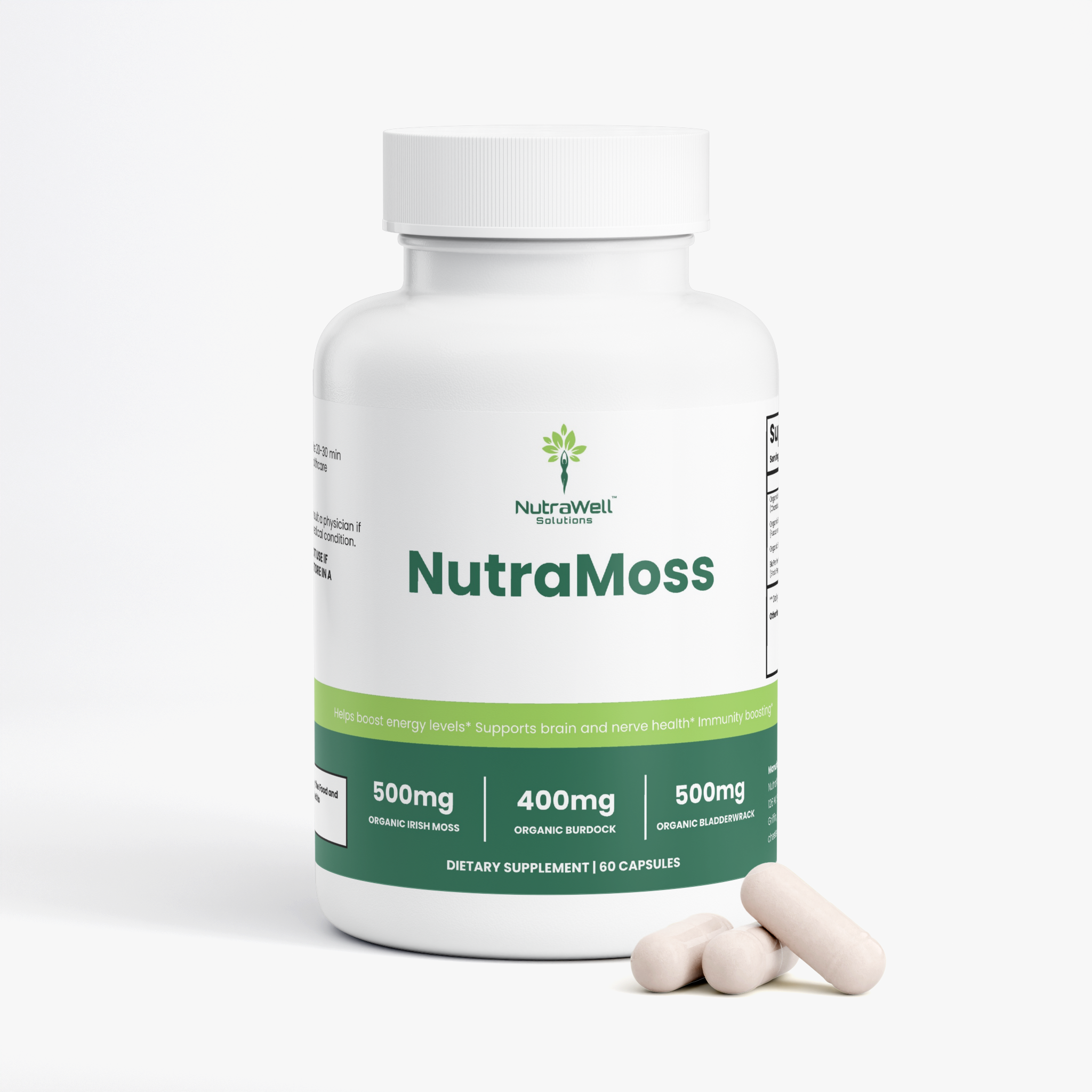 Sea Moss Supplement Facts with Irish moss, bladderwrack, and burdock