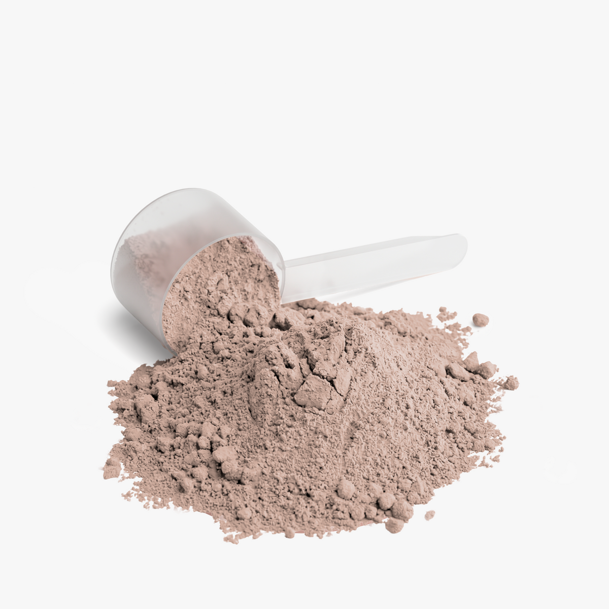 Chocolate whey protein powder with measuring scoop