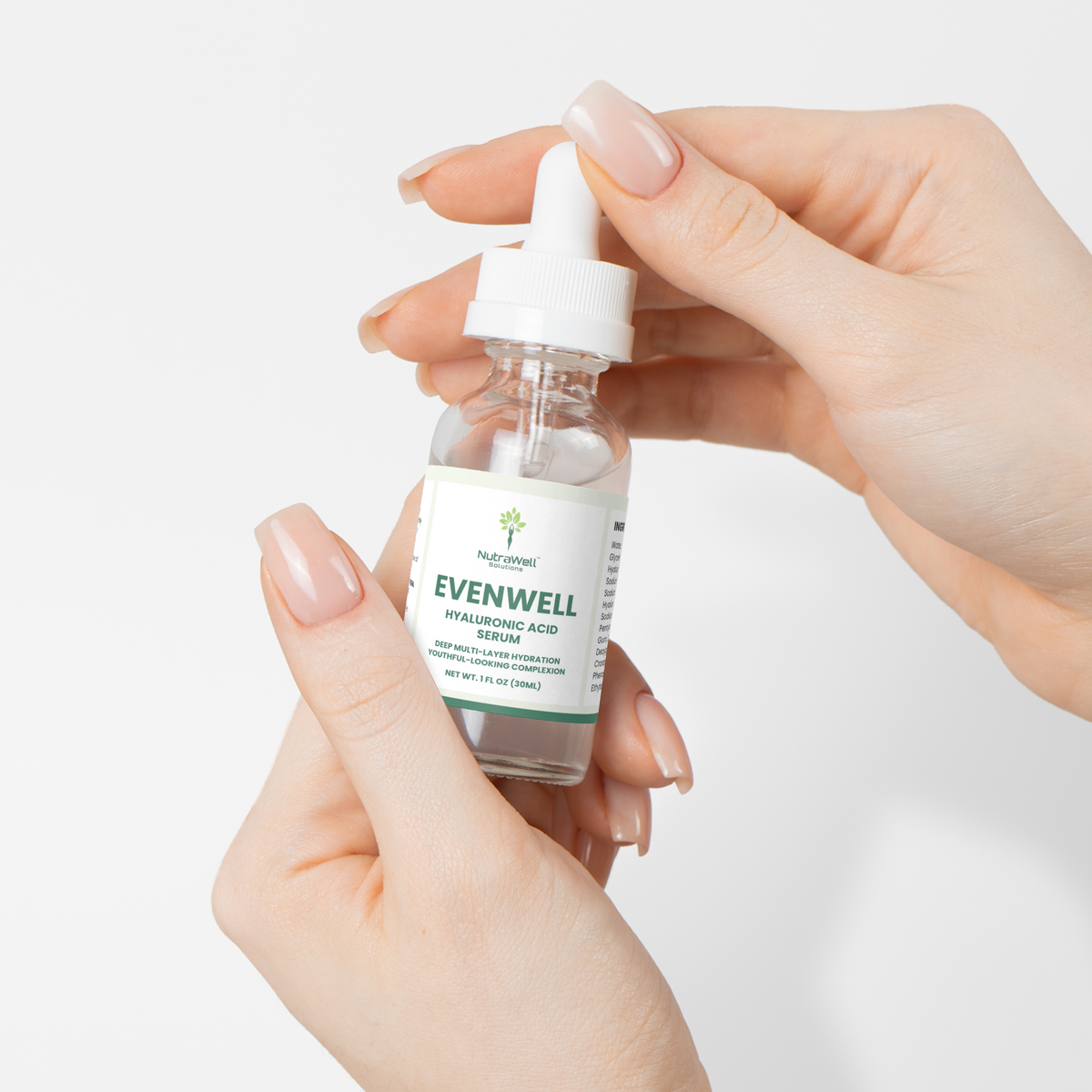 EvenWell Hyaluronic Acid Serum on a clean bathroom vanity