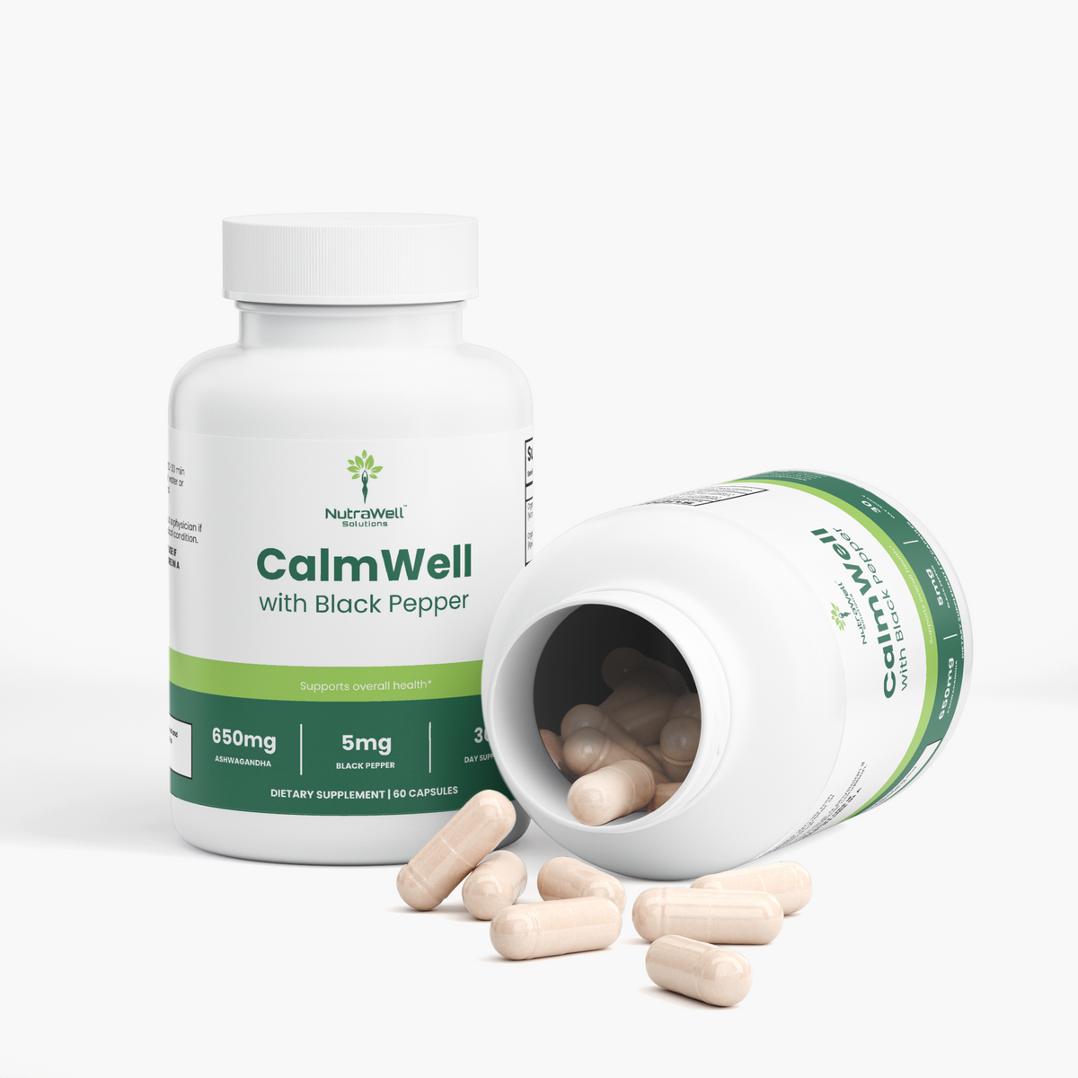 CalmWell Supplement Facts showing 650 milligrams organic ashwagandha