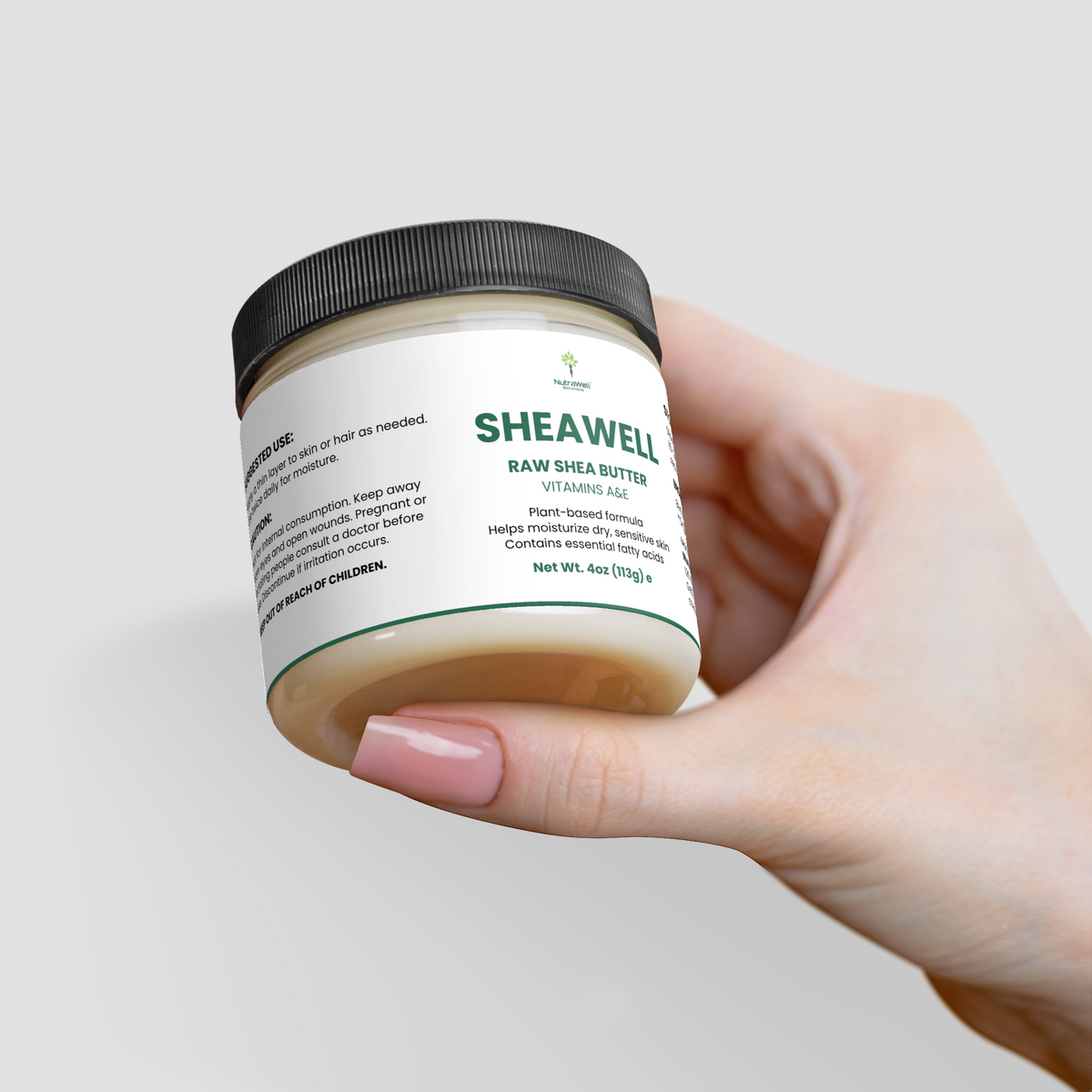 Open SheaWell jar showing raw shea butter texture