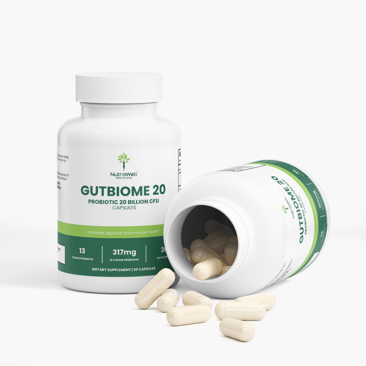 GutBiome 20 Supplement Facts listing 13 probiotic strains