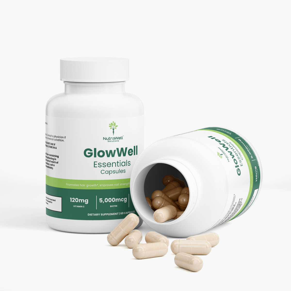 GlowWell Supplement Facts showing biotin, vitamins, minerals, and iron