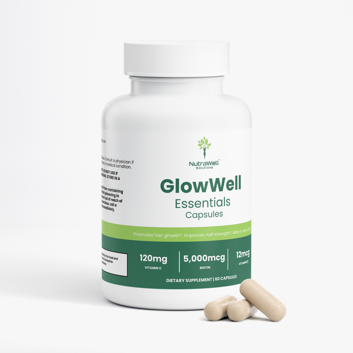 GlowWell Hair Skin and Nails supplement bottle angled view