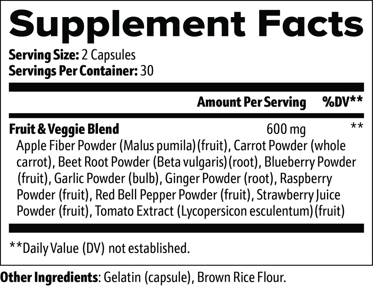 Fruits and Veggies capsules and water in a morning wellness routine
