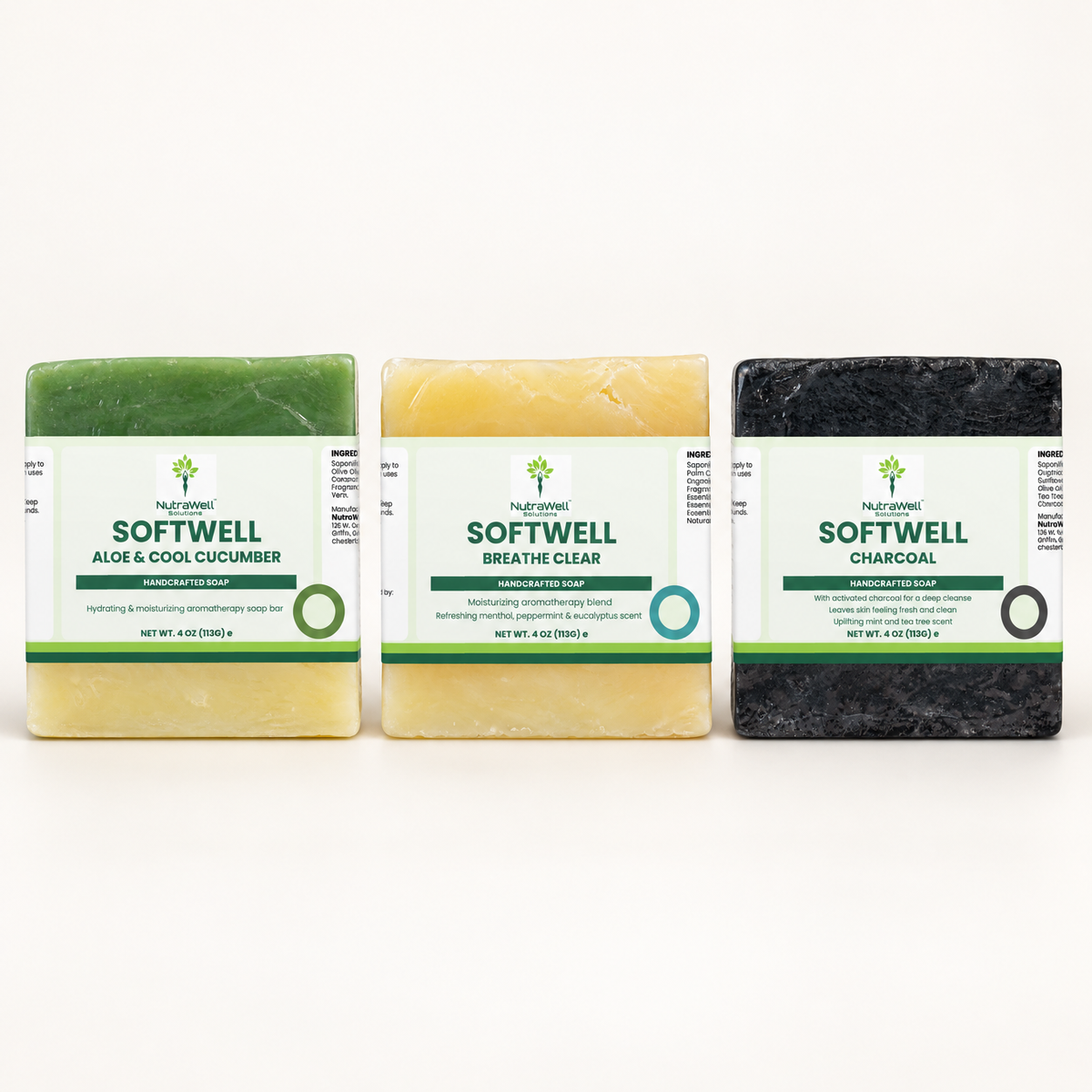 Fresh & Clear 3-Bar Soap Trio: SoftWell Aloe & Cool Cucumber, Breathe Clear and Charcoal soaps