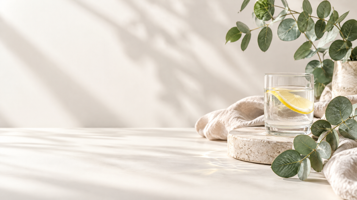 Warm wellness scene with lemon water, eucalyptus and linen