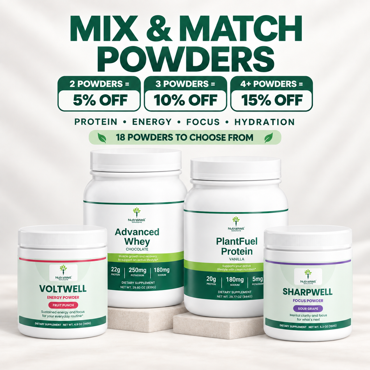 Mix & Match Powders — 18 powders with tiered savings