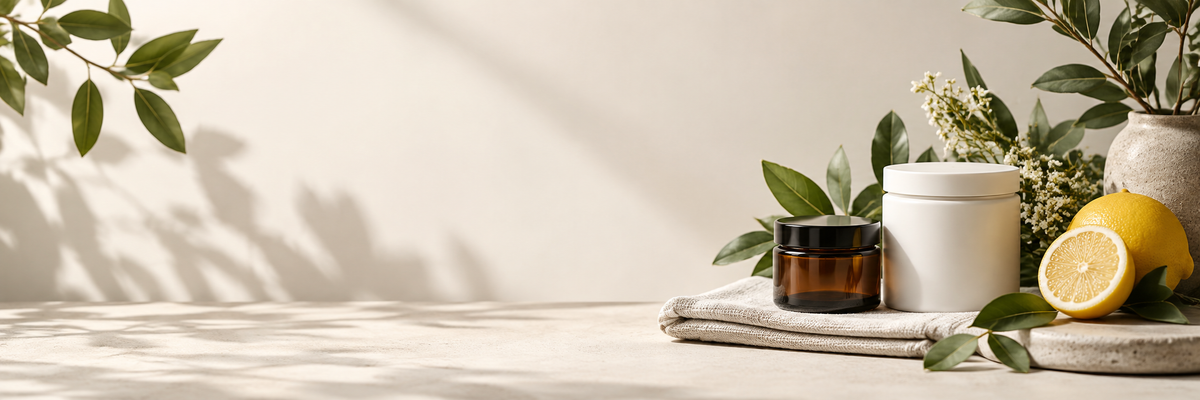 Curated neutral wellness still life with leaves and unbranded containers