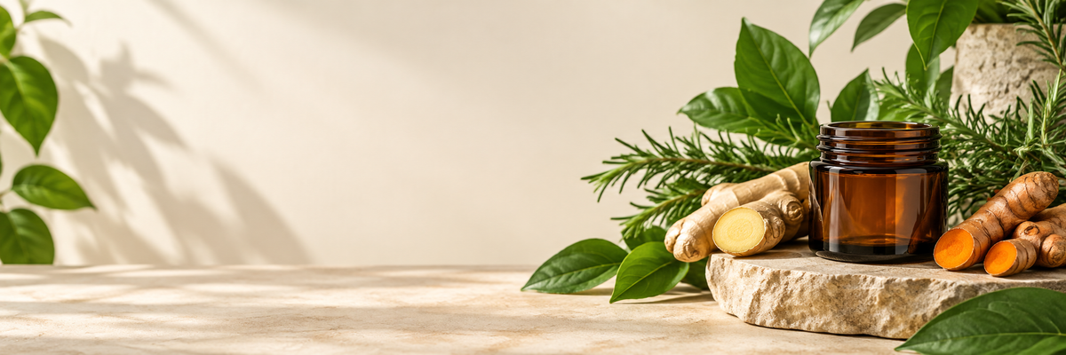 Warm botanical still life with ginger, turmeric, rosemary, and leaves