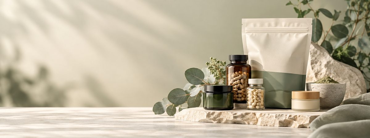 Featured NutraWell wellness products arranged on stone with greenery