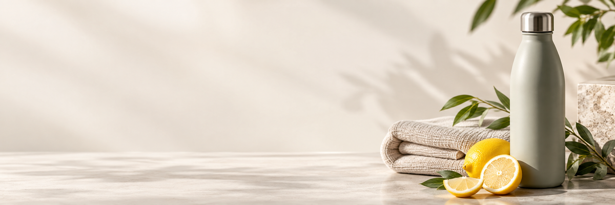 Warm wellness still life with water bottle, lemon, towel, and leaves