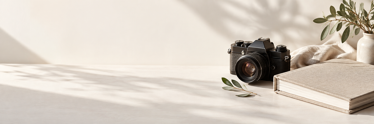 Warm photography still life with camera, photo album, and greenery