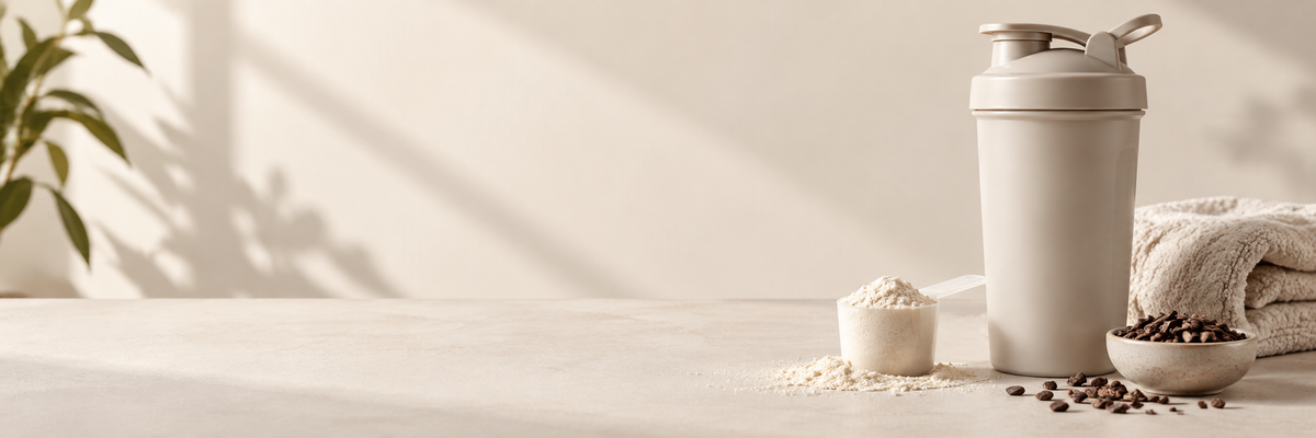 Warm still life with unbranded shaker, protein powder, and cacao