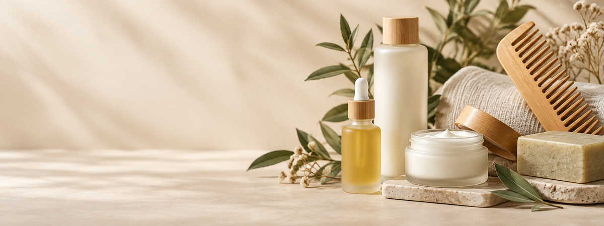 NutraWell skin, hair and body care products arranged with a wooden comb and botanical details