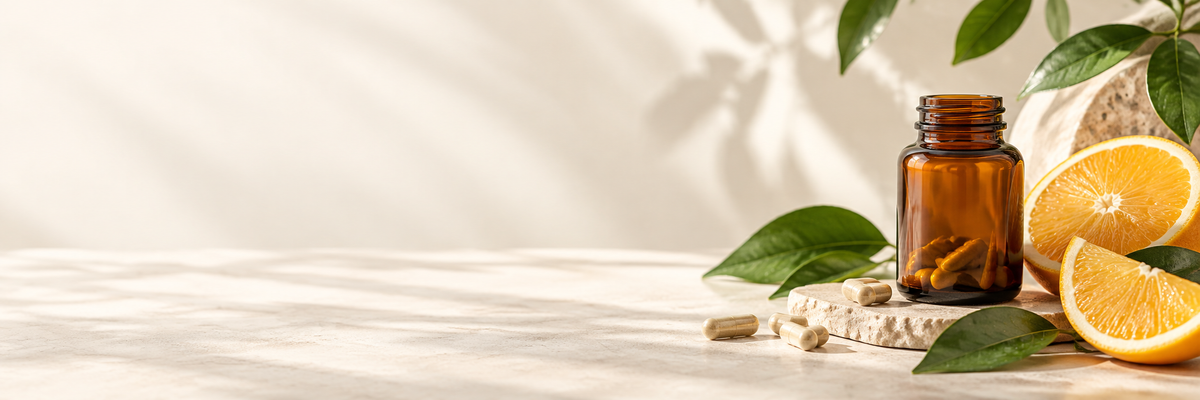 Warm wellness still life with amber bottle, citrus, capsules, and leaves