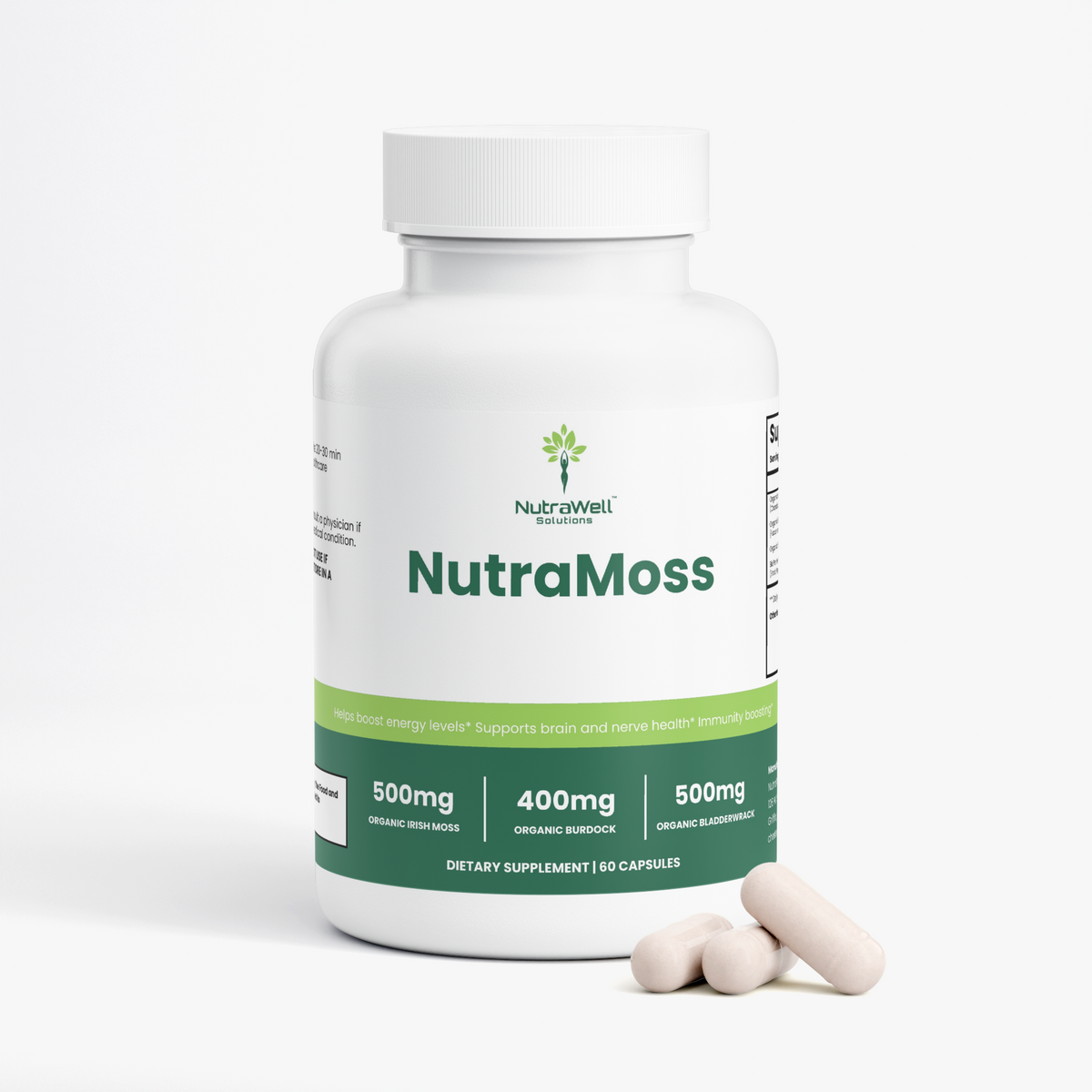 Sea Moss Supplement Facts with Irish moss, bladderwrack, and burdock