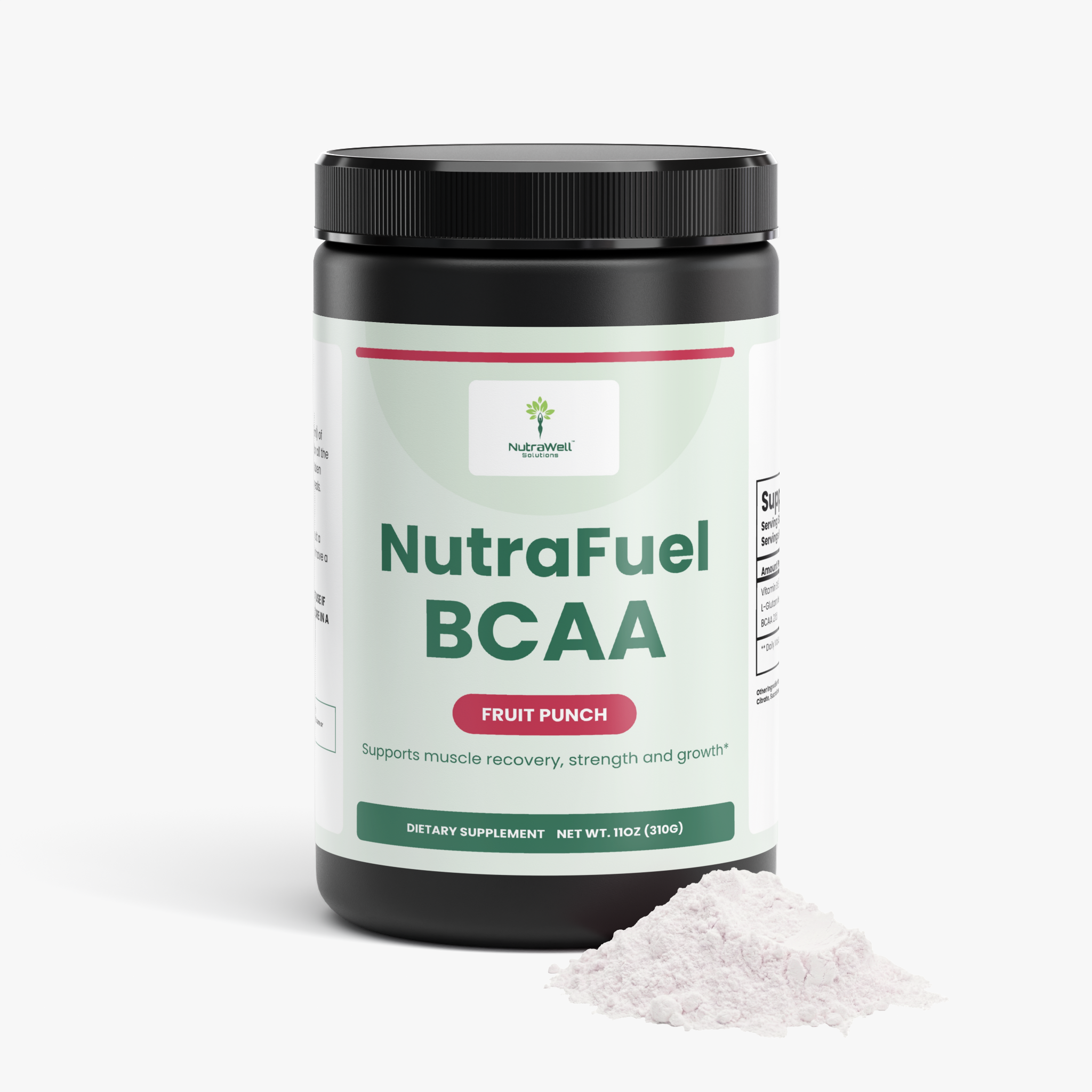 NutraFuel Fruit Punch BCAA powder shown at an angle