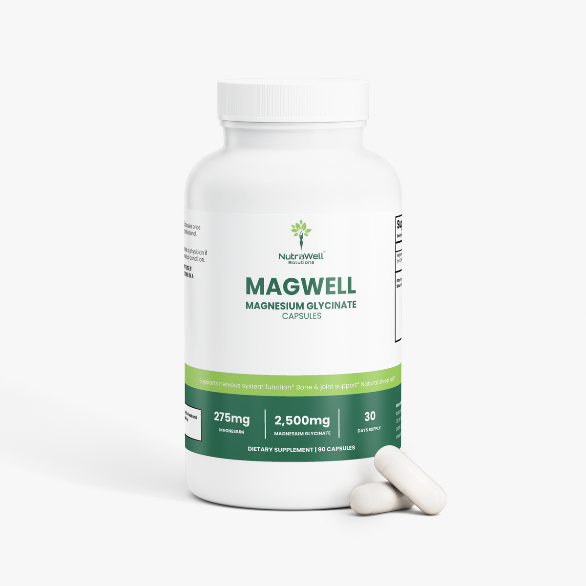 MagWell Magnesium Glycinate bottle angled view
