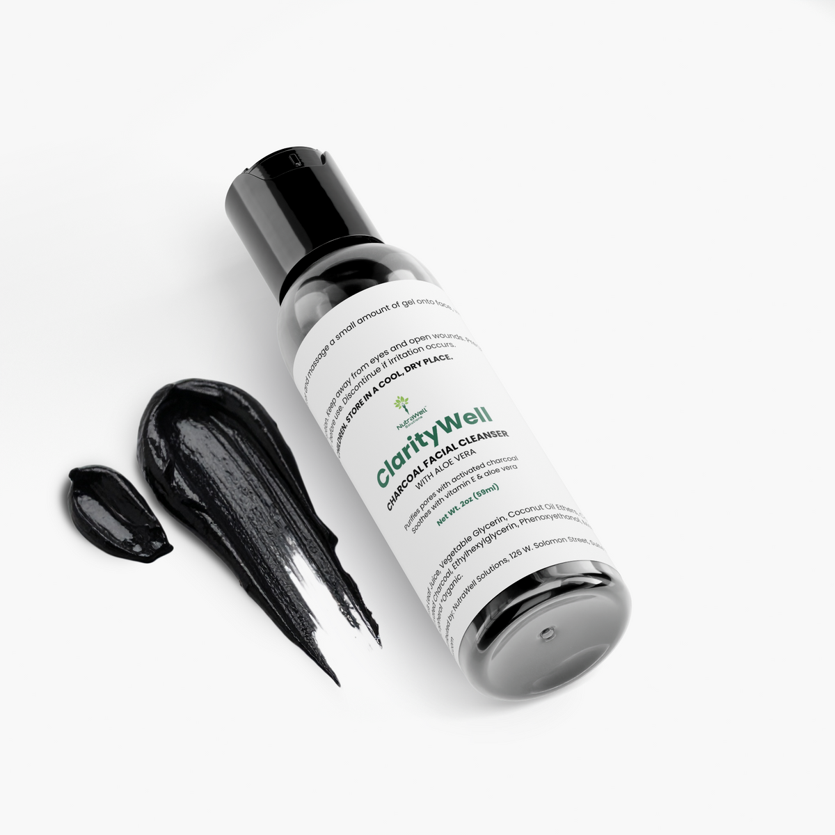 ClarityWell charcoal cleanser bottle shown at an angle