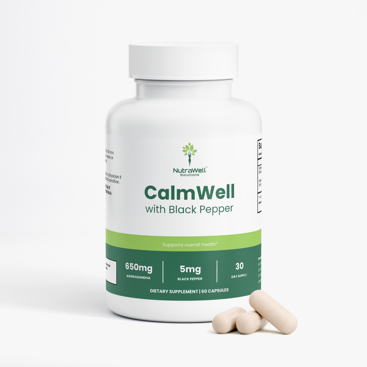 CalmWell Ashwagandha with Black Pepper bottle angled view