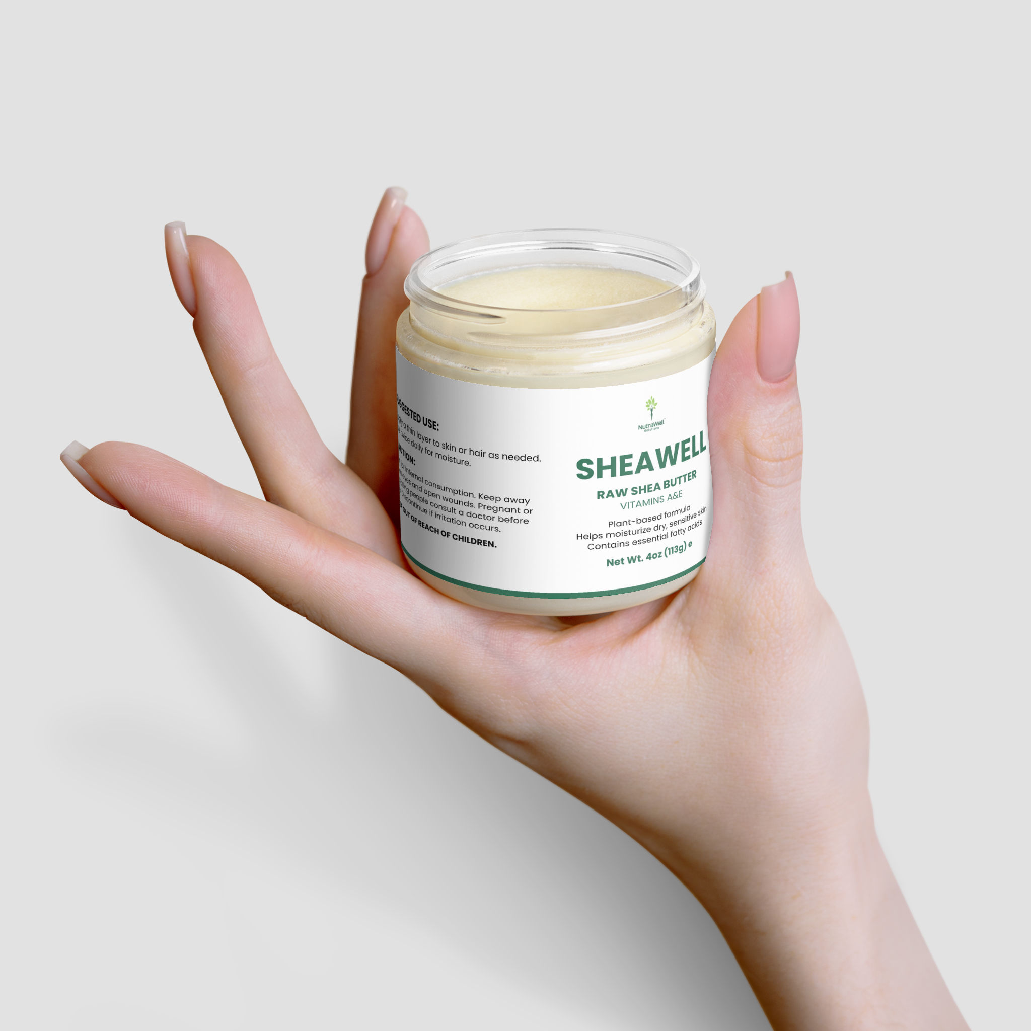 SheaWell label listing organic shea butter as the ingredient
