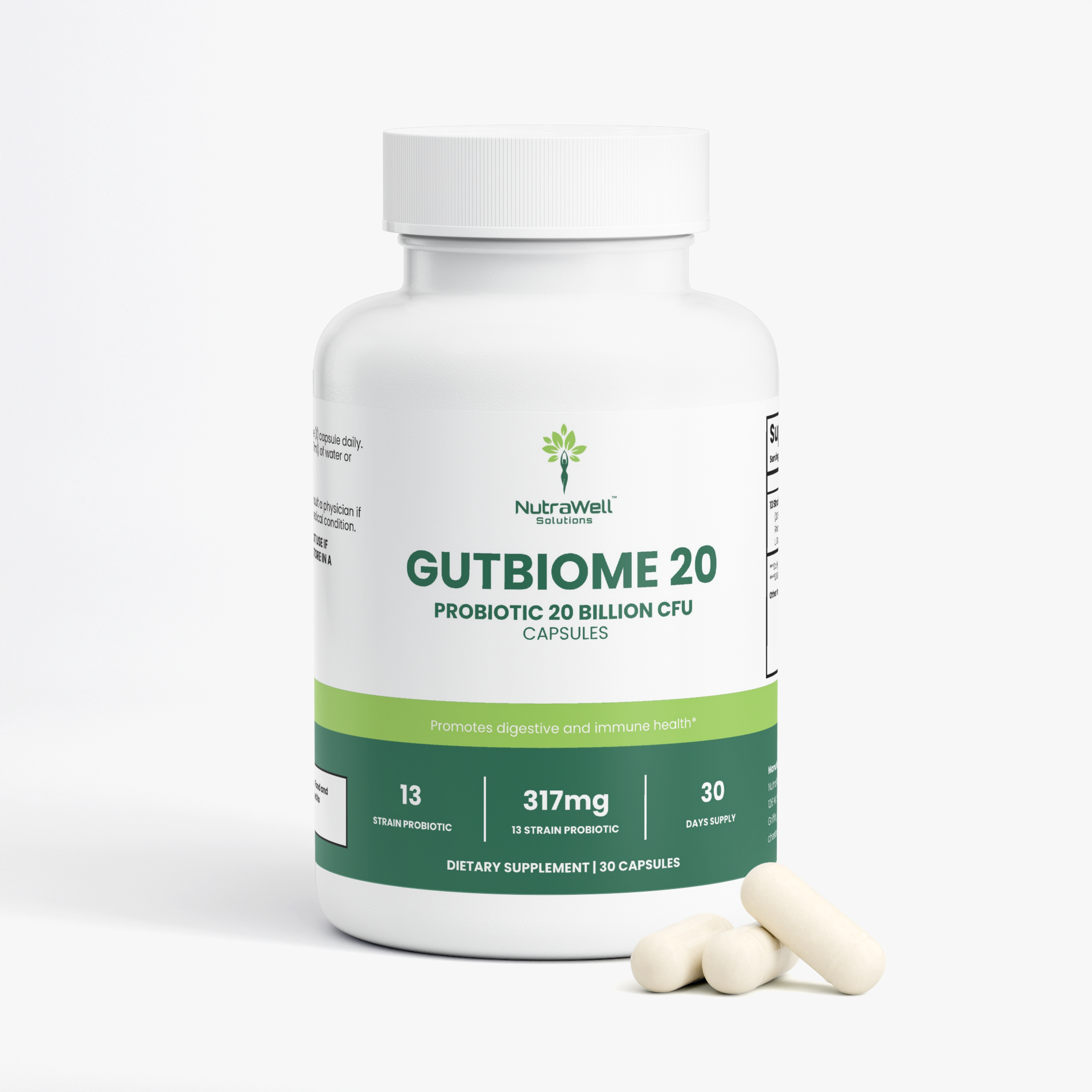 GutBiome 20 Probiotic bottle angled view