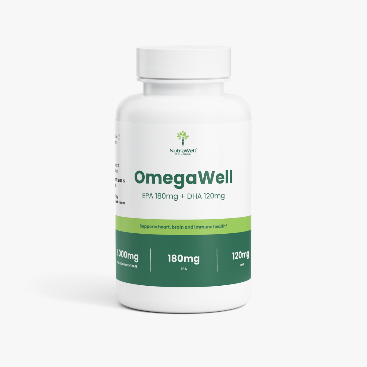Omega-3 EPA 180 mg and DHA 120 mg softgel bottle, front view