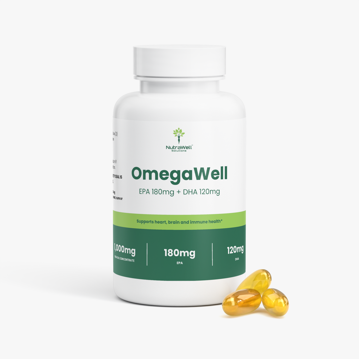 Omega-3 fish oil bottle, angled product view