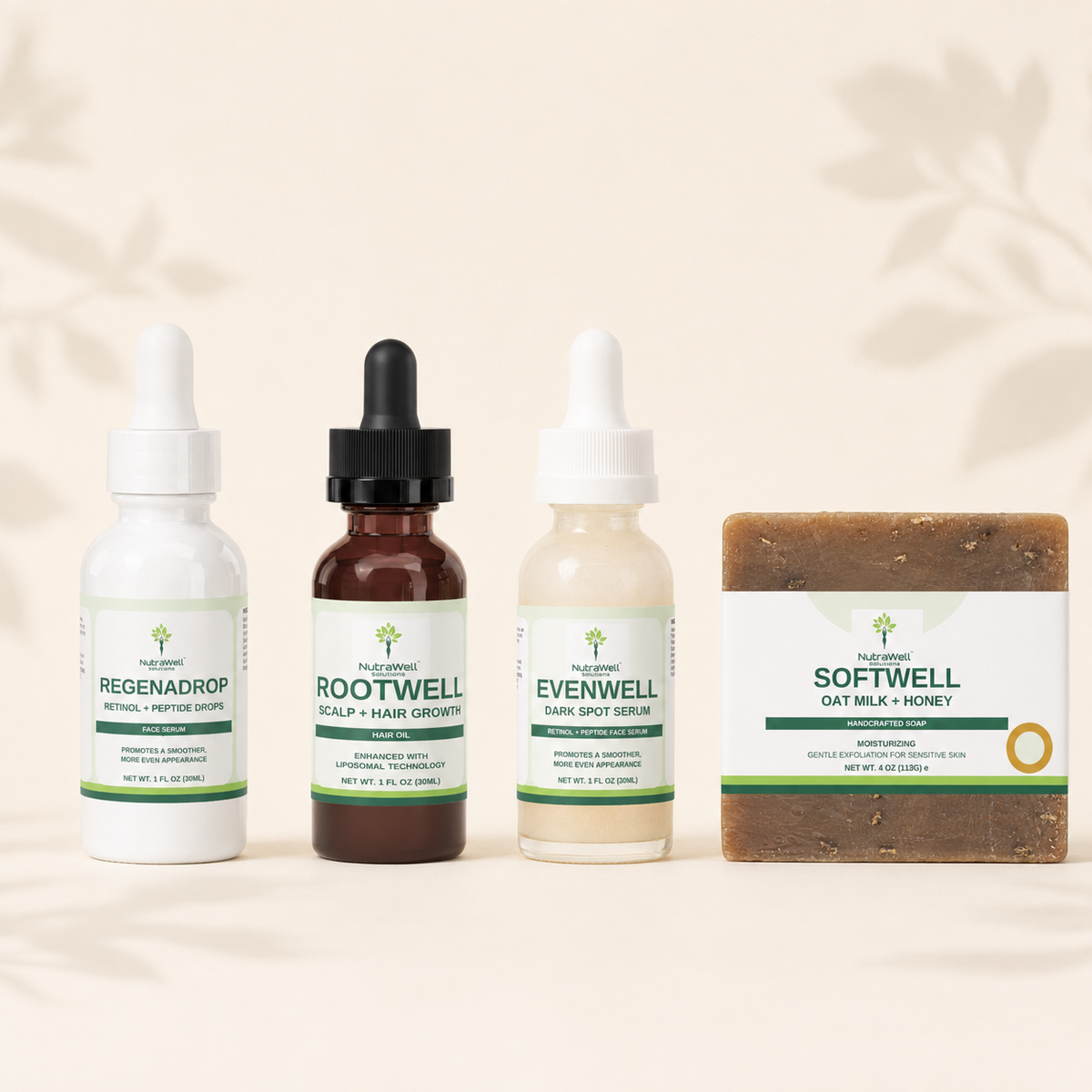 Glow and Self-Care Set with RegenaDrop, RootWell, EvenWell, and SoftWell