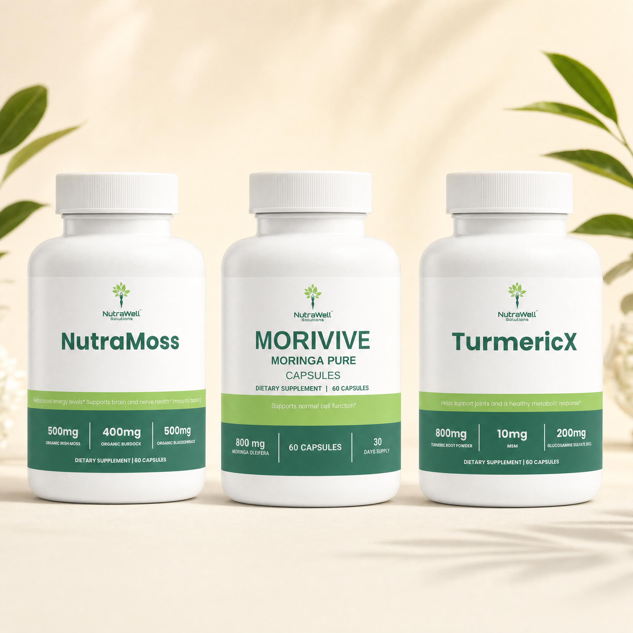 Superfood Essentials with NutraMoss, MoriVive Moringa Pure, and TurmericX