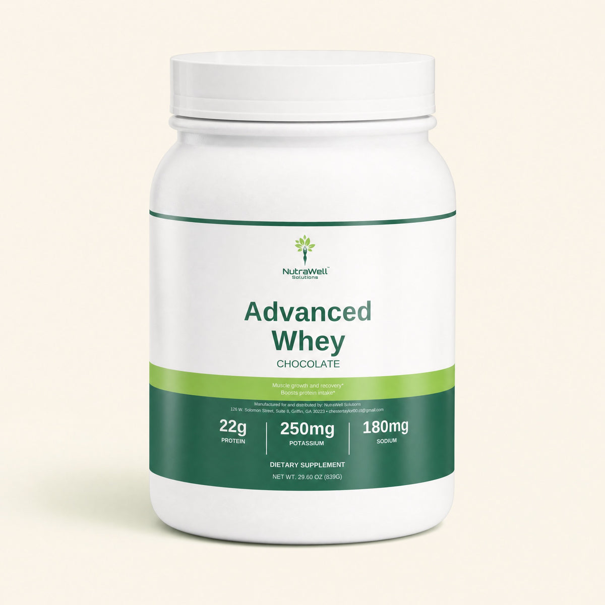 Advanced Whey Chocolate protein powder with 22 g protein, 250 mg potassium, and 180 mg sodium shown on the approved label