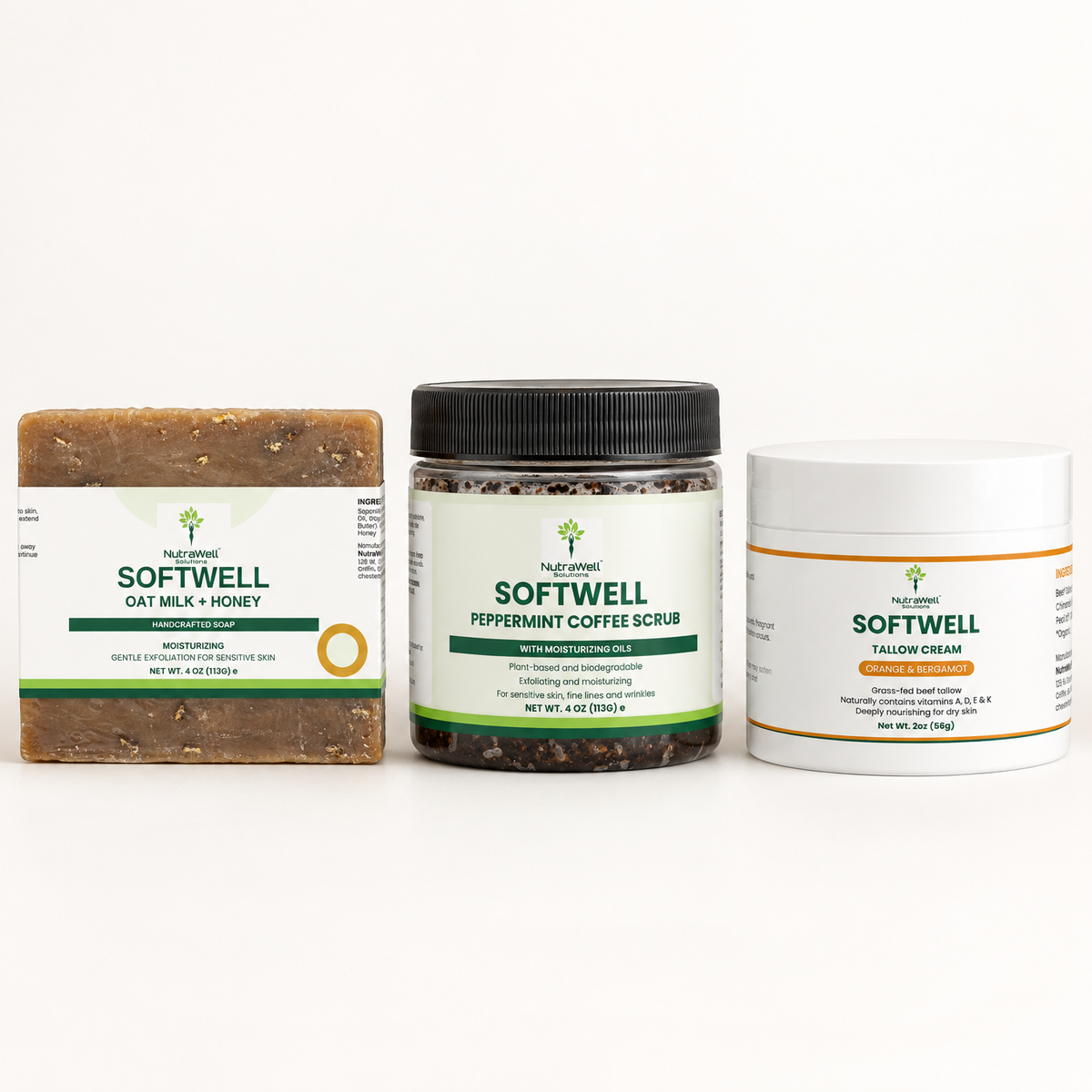 SoftWell Body Care Ritual: Oat Milk + Honey soap, Peppermint Coffee Scrub and Tallow Cream Orange & Bergamot