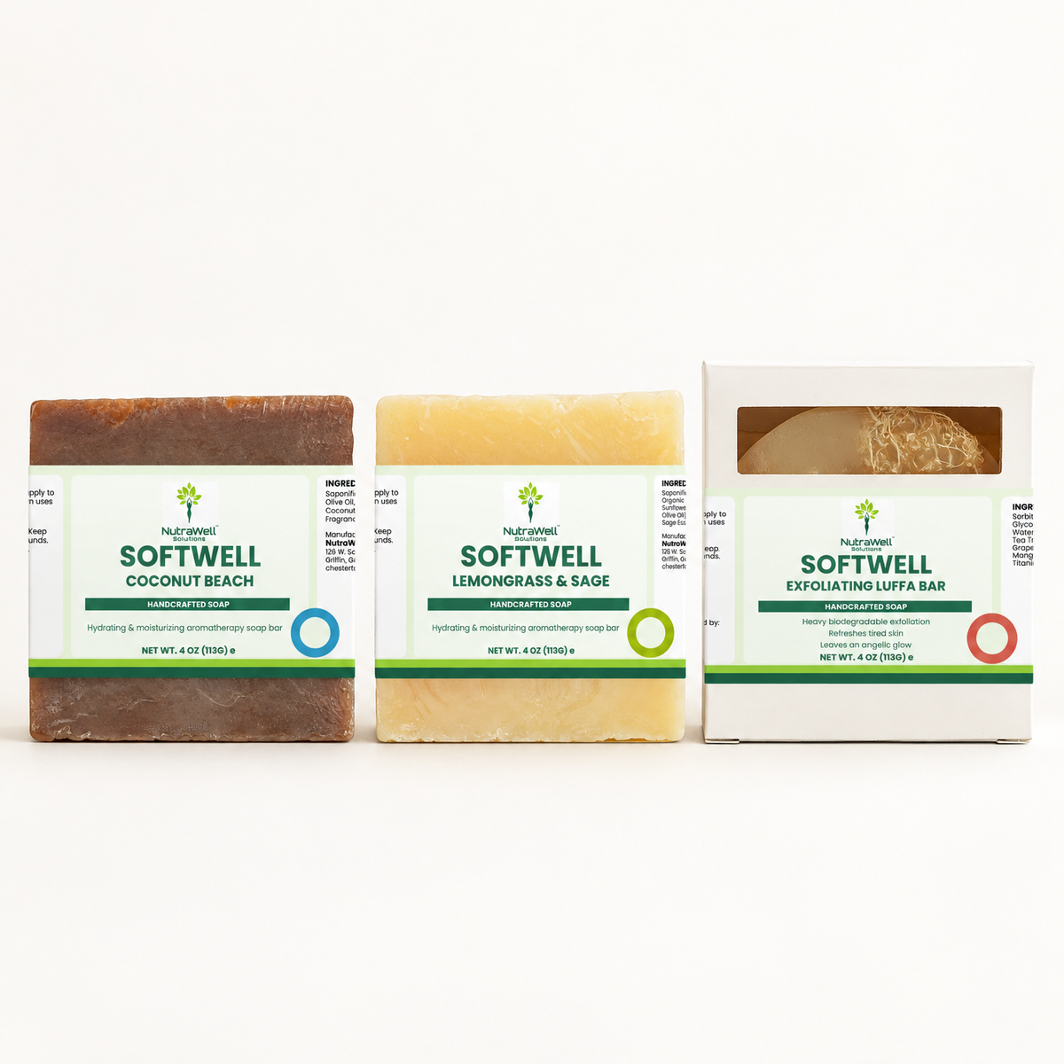Coastal Exfoliating Soap Trio: SoftWell Coconut Beach, Lemongrass & Sage and Exfoliating Luffa Bar