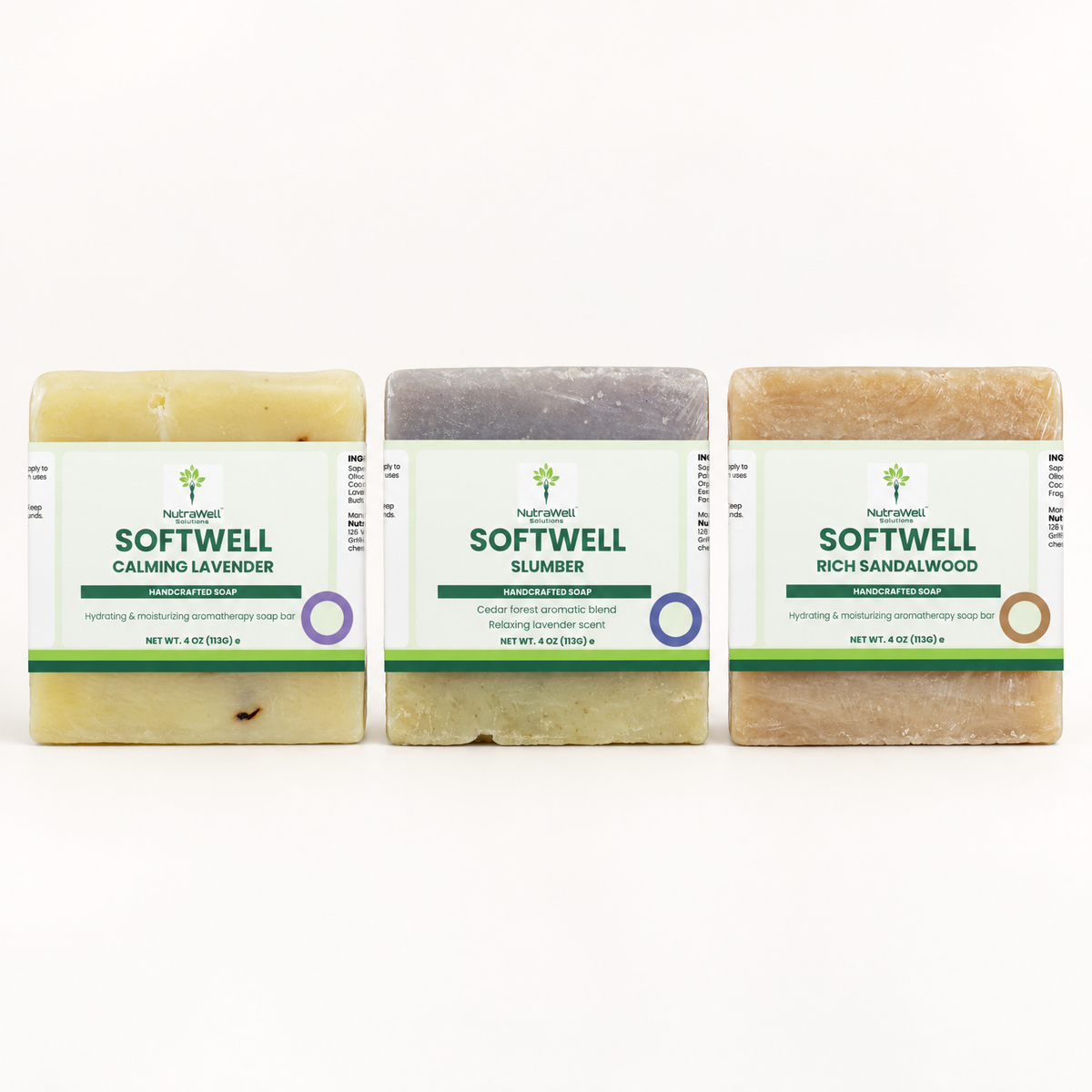 Calm & Wood Soap Trio: SoftWell Calming Lavender, Slumber and Rich Sandalwood soaps