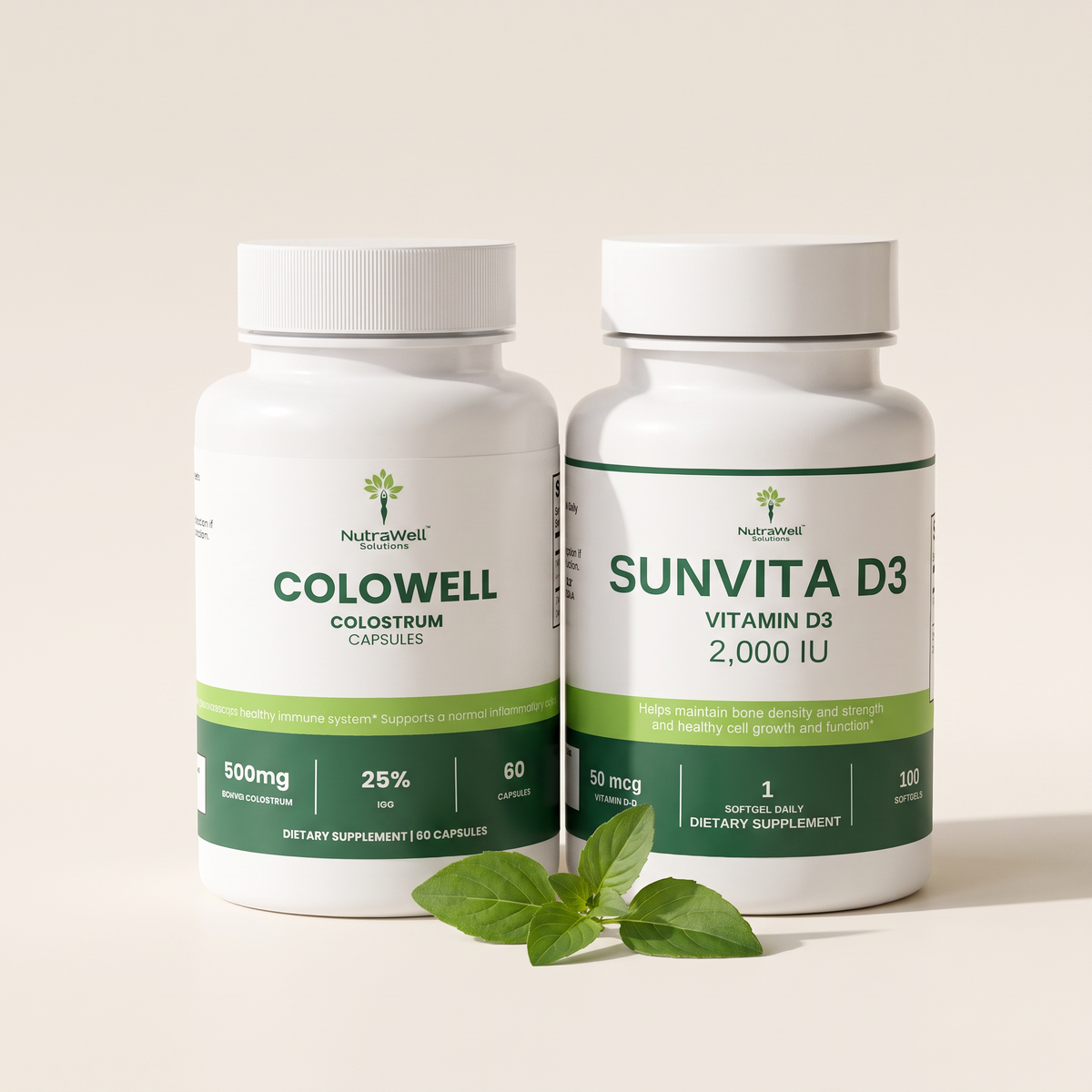Daily Immune Foundations Pair: ColoWell Colostrum Capsules and SunVita D3 Vitamin D3 2,000 IU