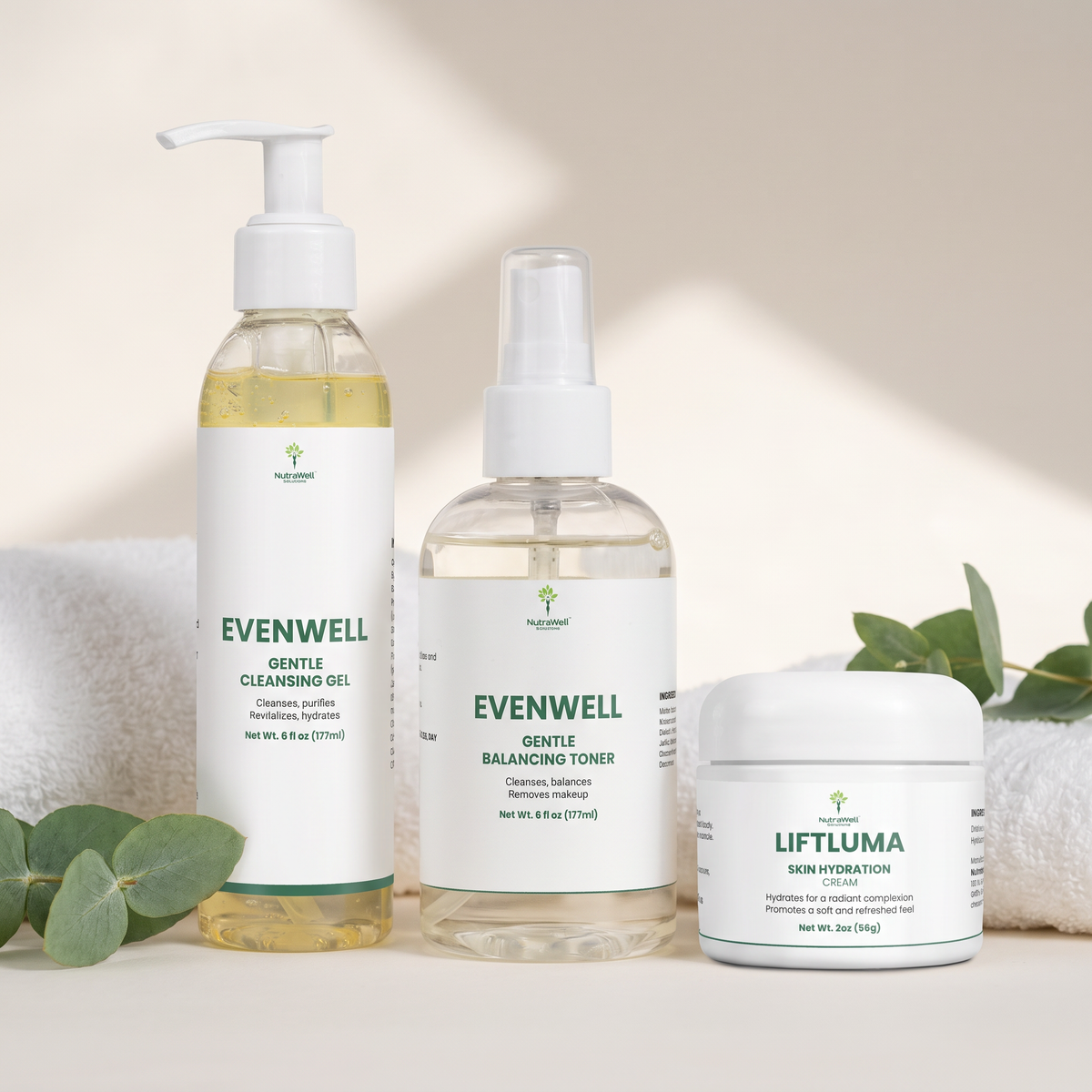 Gentle Daily Facial Routine: EvenWell Gentle Cleansing Gel, EvenWell Gentle Balancing Toner and LiftLuma Skin Hydration Cream