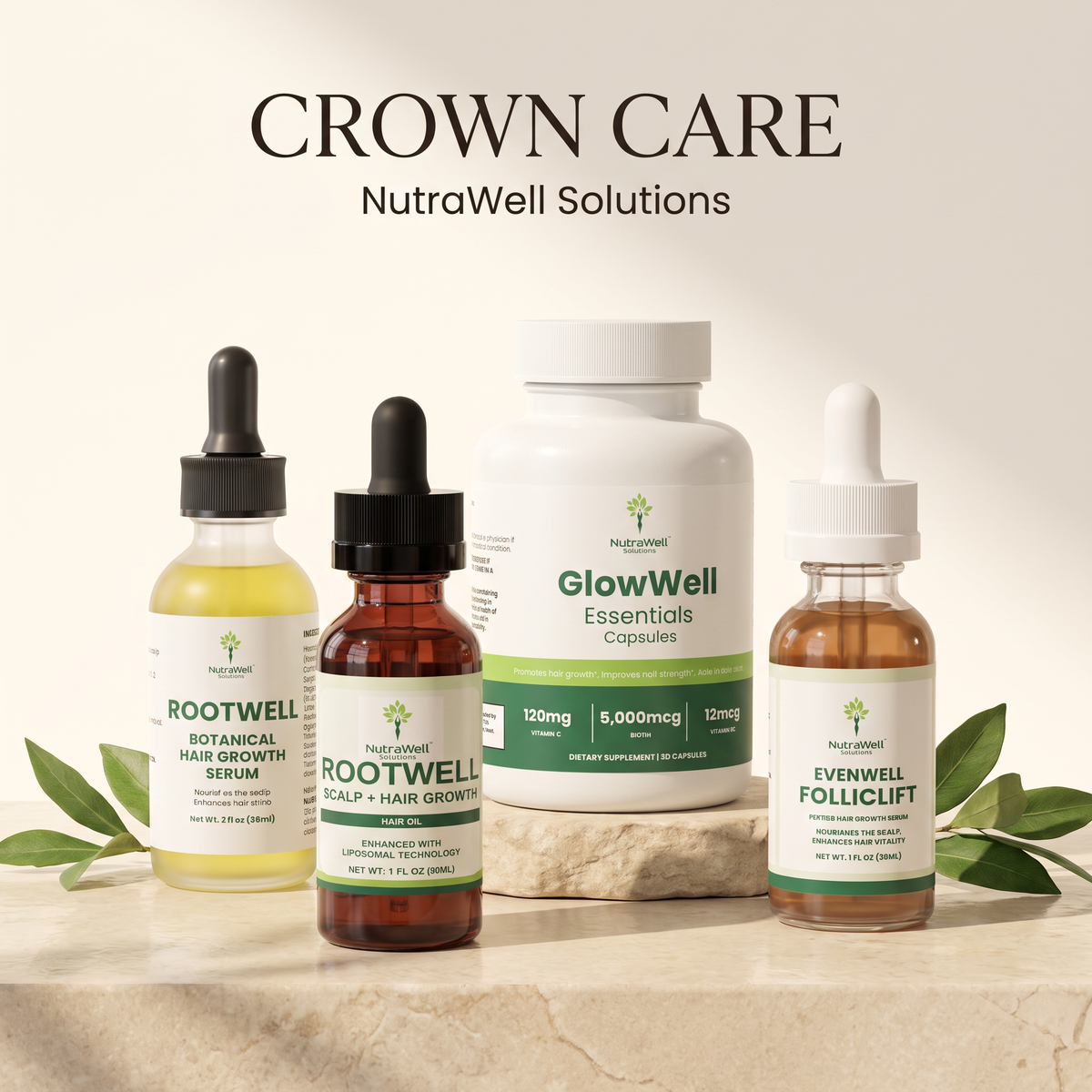 Crown Care bundle: RootWell, Botanical Hair Growth Serum, EvenWell FollicLift and GlowWell Essentials