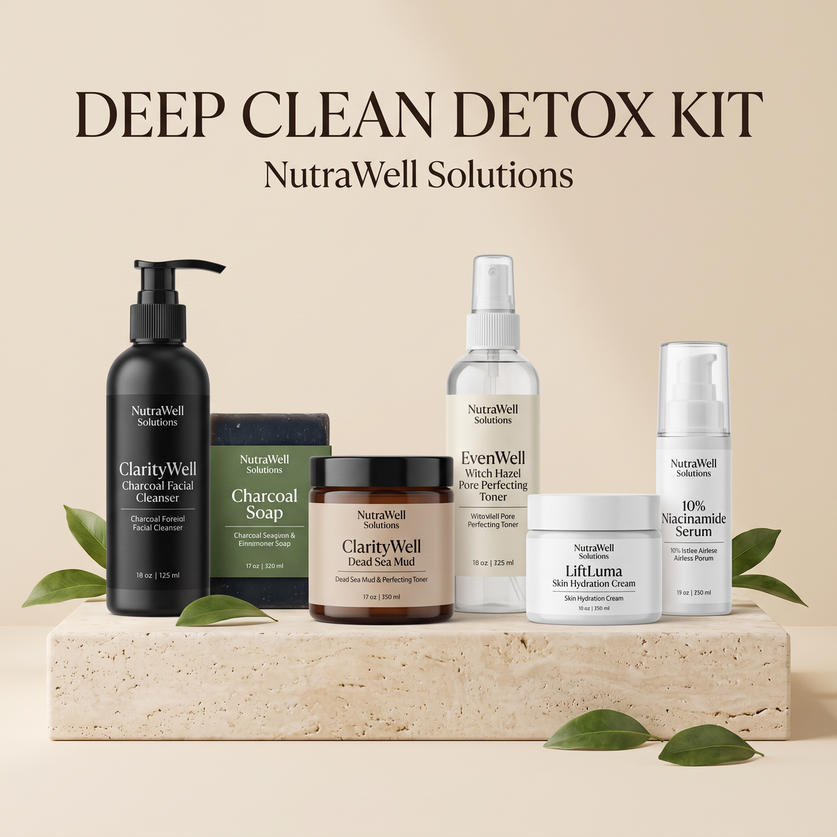 NutraWell Deep Clean Detox Kit with charcoal cleanser, charcoal soap, Dead Sea mud, witch hazel toner, niacinamide serum and hydration cream