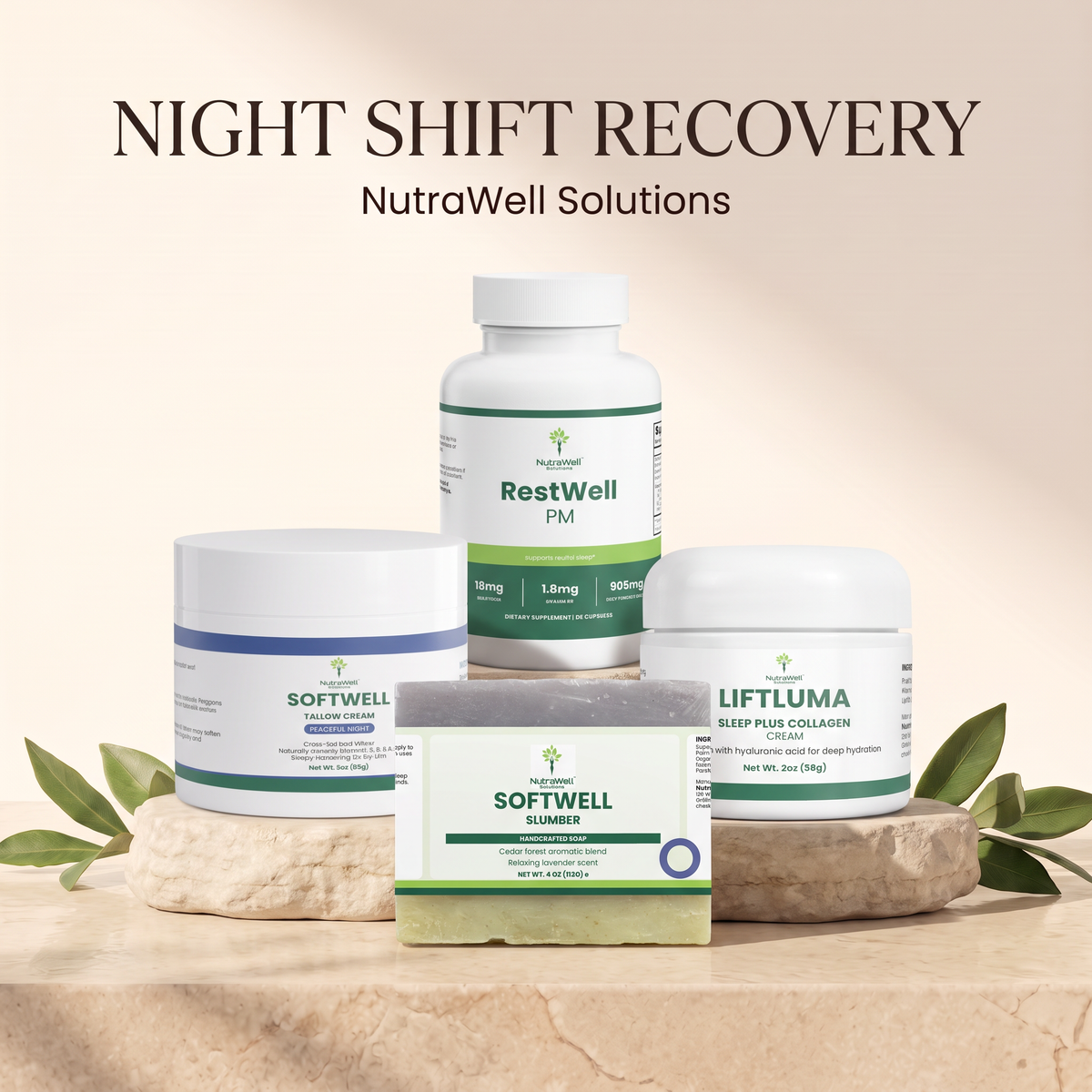 NutraWell Night Shift Recovery bundle with Slumber Soap, Tallow Cream Peaceful Night, Sleep Plus Collagen Cream and RestWell PM