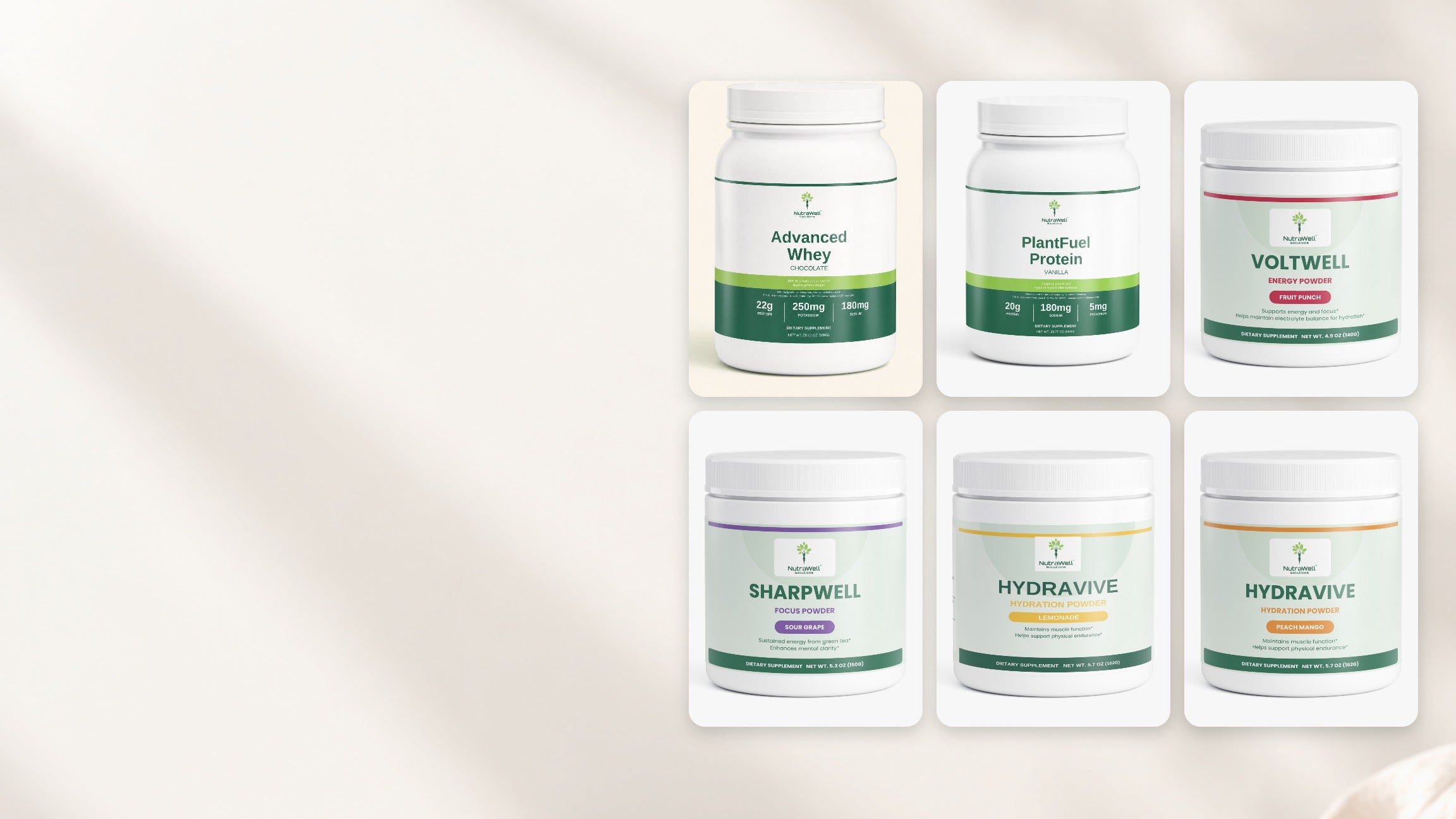 NutraWell powders: Advanced Whey, PlantFuel Protein, Voltwell energy, Sharpwell focus and Hydravive hydration