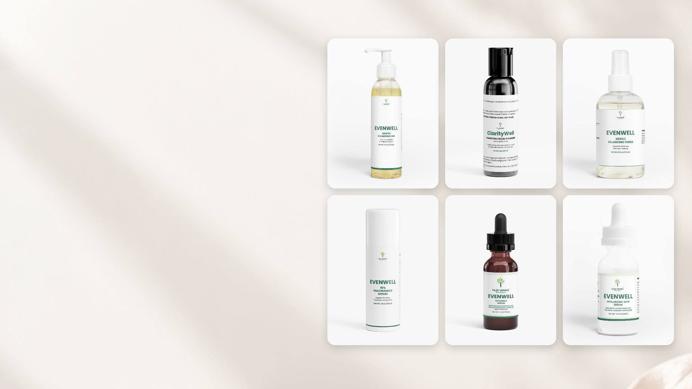 NutraWell skincare: gentle cleansing gel, charcoal facial cleanser, balancing toner spray, niacinamide, vitamin C and hyaluronic acid serums
